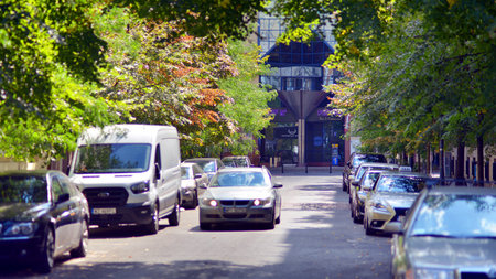 Warsaw, Poland. 17 August 2024. Urban landscape with buildings and cars in the Srodmiescie district.のeditorial素材