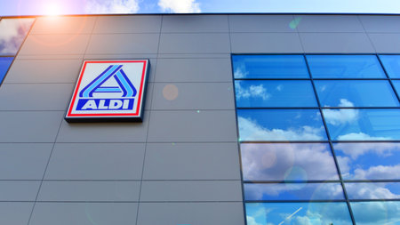 Warsaw, Poland. August 7, 2024. Aldi Discount Supermarket. A modern building housing an Aldi discount store.のeditorial素材