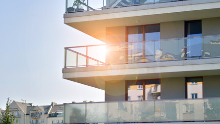 Luxury house complex. Part of City Real estate property, condo architecture. Facades of apartment buildings with balcony in contemporary residential district.の写真素材