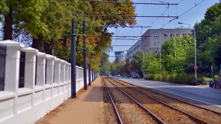 Warsaw, Poland. 25 August 2024. Tram track in sunny day. Ochota district.のeditorial素材