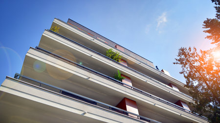 Modern architecture of urban residential apartment buildings on a sunny day. Facade of a modern apartment building.の写真素材