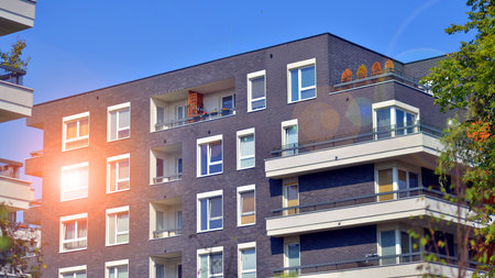 Modern architecture of urban residential apartment buildings on a sunny day. Facade of a modern apartment building.の写真素材