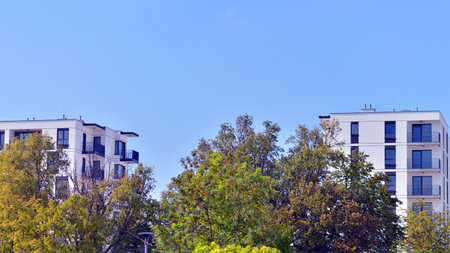 Eco apartment building saving energy and fresh air concept. European residential architecture...