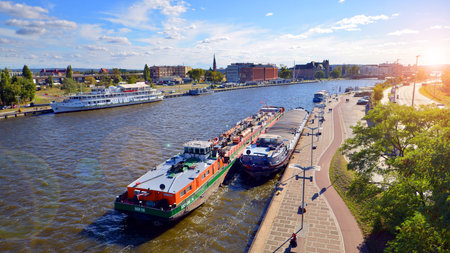 Szczecin, Poland. 14 September 2024. Landscape view and ships on the Odra River from Chrobry...