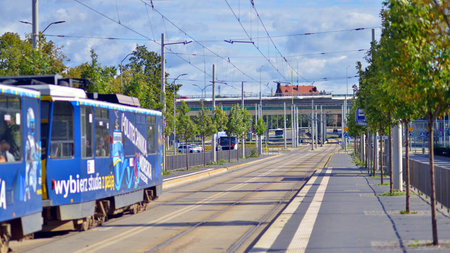 Szczecin, Poland. 14 September 2024. Urban transportation infrastructure and urban landscape. Tram...