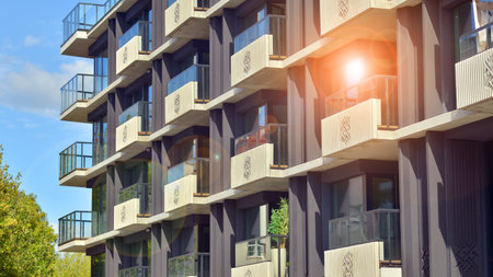 Modern architecture of urban residential apartment buildings on a sunny day. Facade of a modern apartment building.の写真素材
