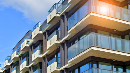Modern architecture of urban residential apartment buildings on a sunny day. Facade of a modern apartment building.の写真素材
