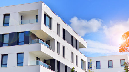 Modern architecture of urban residential apartment buildings on a sunny day. Facade of a modern apartment building.の写真素材