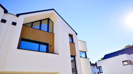 Residential homes with modern facade.Terraced family homes in newly developed housing estate. The...