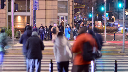 Warsaw, Poland. 22 November 2024. Street of a big city. People of different ages crossing the road through. View of a city street with residents, tourists and modern buildings.のeditorial素材