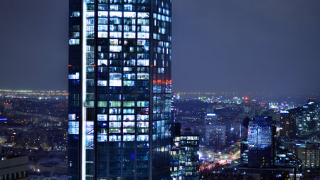 Warsaw, Poland. January 3, 2025. Business center panorama by night. Amazing modern cityscape at...