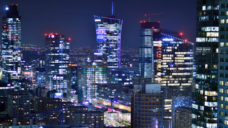 Warsaw, Poland. January 3, 2025. Business center panorama by night. Amazing modern cityscape at night.のeditorial素材