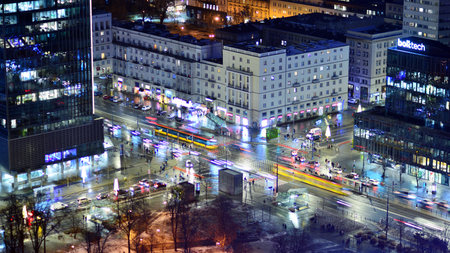 Warsaw, Poland. 3 January 2025. Aerial view in the city center at night. Big city streets and buildings after dark.のeditorial素材