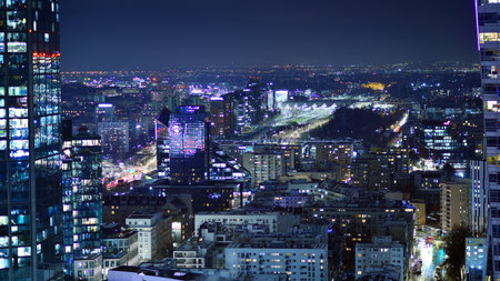 Warsaw, Poland. 3 January 2025. Cityscape by night seen from above. A mix of modern and classic urban development.のeditorial素材