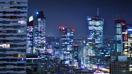 Warsaw, Poland. January 3, 2025. Business center panorama by night. Amazing modern cityscape at night.のeditorial素材