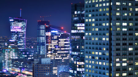 Warsaw, Poland. January 3, 2025. Business center panorama by night. Amazing modern cityscape at night.のeditorial素材