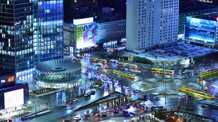 Warsaw, Poland. 3 January 2025. Aerial view in the city center at night. Big city streets and buildings after dark.のeditorial素材