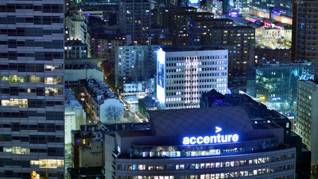 Warsaw, Poland. 3 January 2025. Cityscape by night seen from above. A mix of modern and classic urban development.のeditorial素材