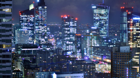 Warsaw, Poland. January 3, 2025. Business center panorama by night. Amazing modern cityscape at night.のeditorial素材