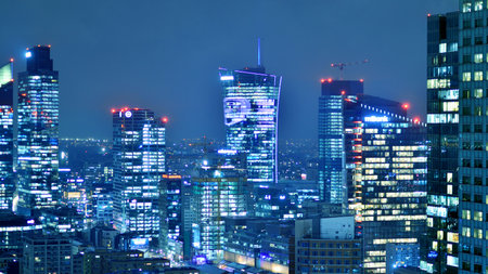 Warsaw, Poland. January 3, 2025. Business center panorama by night. Amazing modern cityscape at night.のeditorial素材
