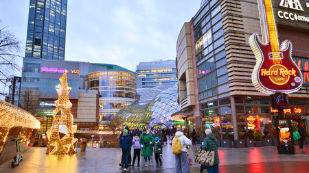 Warsaw, Poland. 3 January 2025.View of the glass facade of the Golden Terraces shopping mall in the city centerのeditorial素材