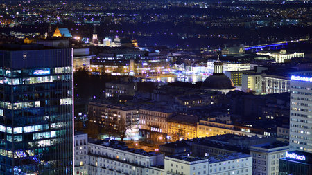 Warsaw, Poland. 3 January 2025. Cityscape by night seen from above. A mix of modern and classic urban development.のeditorial素材