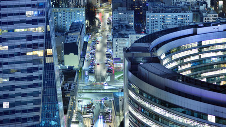 Aerial photography of modern architectural landscapes at night. Lights in the windows of buildings. The blue color of twilight.の写真素材