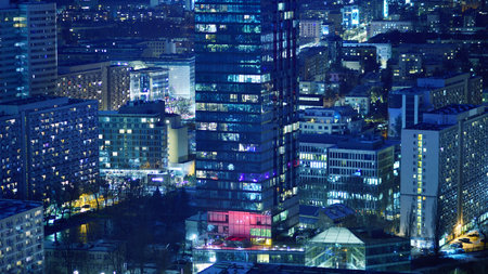 Aerial photography of modern architectural landscapes at night. Lights in the windows of buildings. The blue color of twilight.の写真素材
