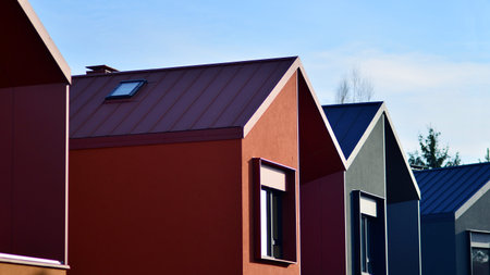 Terraced family homes in newly developed housing estate. The real estate market in the suburbs. New single family houses in a new development area. Residential homes with modern faの写真素材