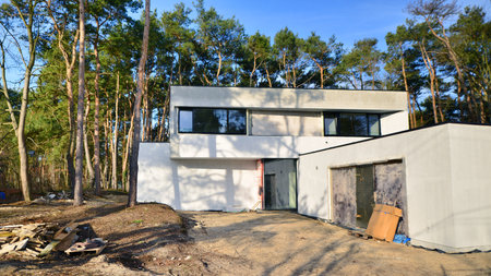 View of a single family house under construction. Upscale house in wooded area.の写真素材