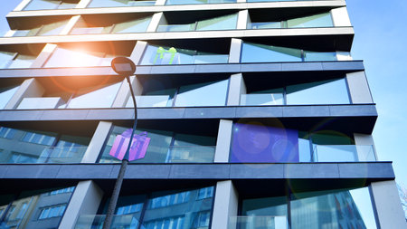 Large glass windows in a modern residential building. Modern urban architecture.の写真素材