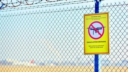 Warsaw, Poland. February 9, 2025. No drone zone. No drone flying at perimeter fence netting of...