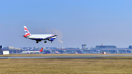 Warsaw, Poland. 9 February 2025. Plane G-EUUL - Airbus A320-232 - British Airways just before...