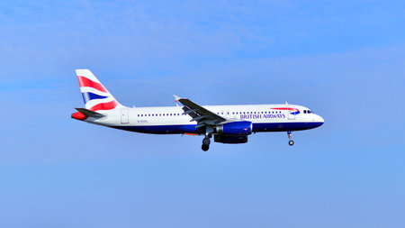 Warsaw, Poland. 9 February 2025. Plane G-EUUL - Airbus A320-232 - British Airways just before...