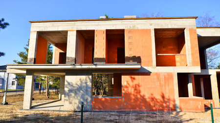 construction of a new modern house, close-up of the facadeの写真素材