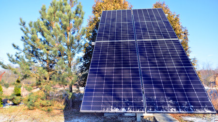 Group of solar panels in winter time. Concept of solar energy.の写真素材