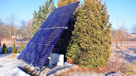Group of solar panels in winter time. Concept of solar energy.の写真素材