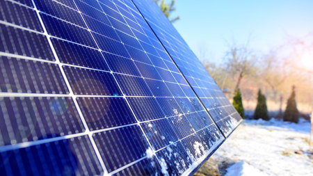 Group of solar panels in winter time. Concept of solar energy.の写真素材