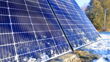 Group of solar panels in winter time. Concept of solar energy.の写真素材