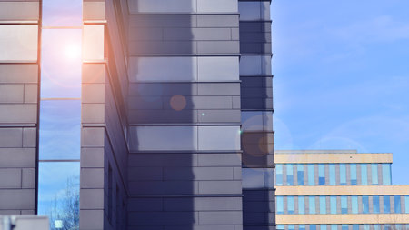 Modern office building with metallic panel facade and windows. Modern architectural details.の写真素材