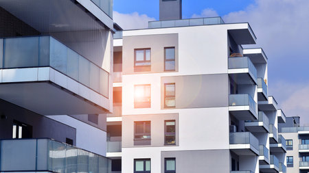 Modern and new apartment building. Multistory modern, new and stylish living block of flats.