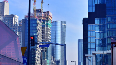Warsaw, Poland. February 22, 2025. Business center with skyscrapers. Construction of the Studio...