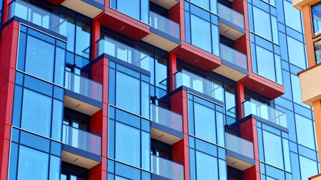 Modern and new apartment building. Multistory modern, new and stylish living block of flats.の写真素材