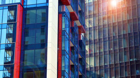 View of an modern apartment building standing next to a new modern office building with a glass facade.の写真素材