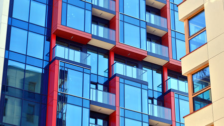 Modern and new apartment building. Multistory modern, new and stylish living block of flats.の写真素材