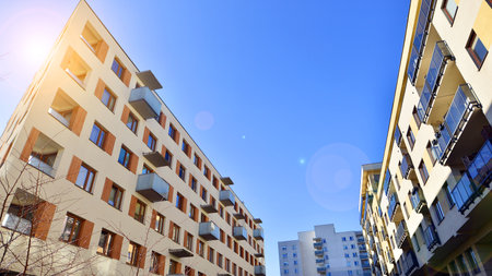 Apartment building with symmetrical modern architecture in the city. Modern apartment building on a sunny day. Facade of a modern apartment building. Bottom view.の写真素材