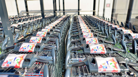 Warsaw, Poland. 6 March 2025. Name and logo of network store Kaufland on a shopping cart.