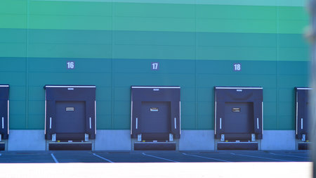 Facade of an industrial building and warehouse. Empty platforms at a distribution center.の写真素材