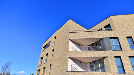 Downtown modern residential architecture. Architectural details of modern apartment building. Modern european residential apartment building complex.の写真素材