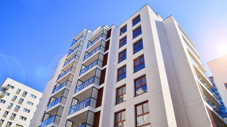 Downtown modern residential architecture. Architectural details of modern apartment building. Modern european residential apartment building complex.の写真素材